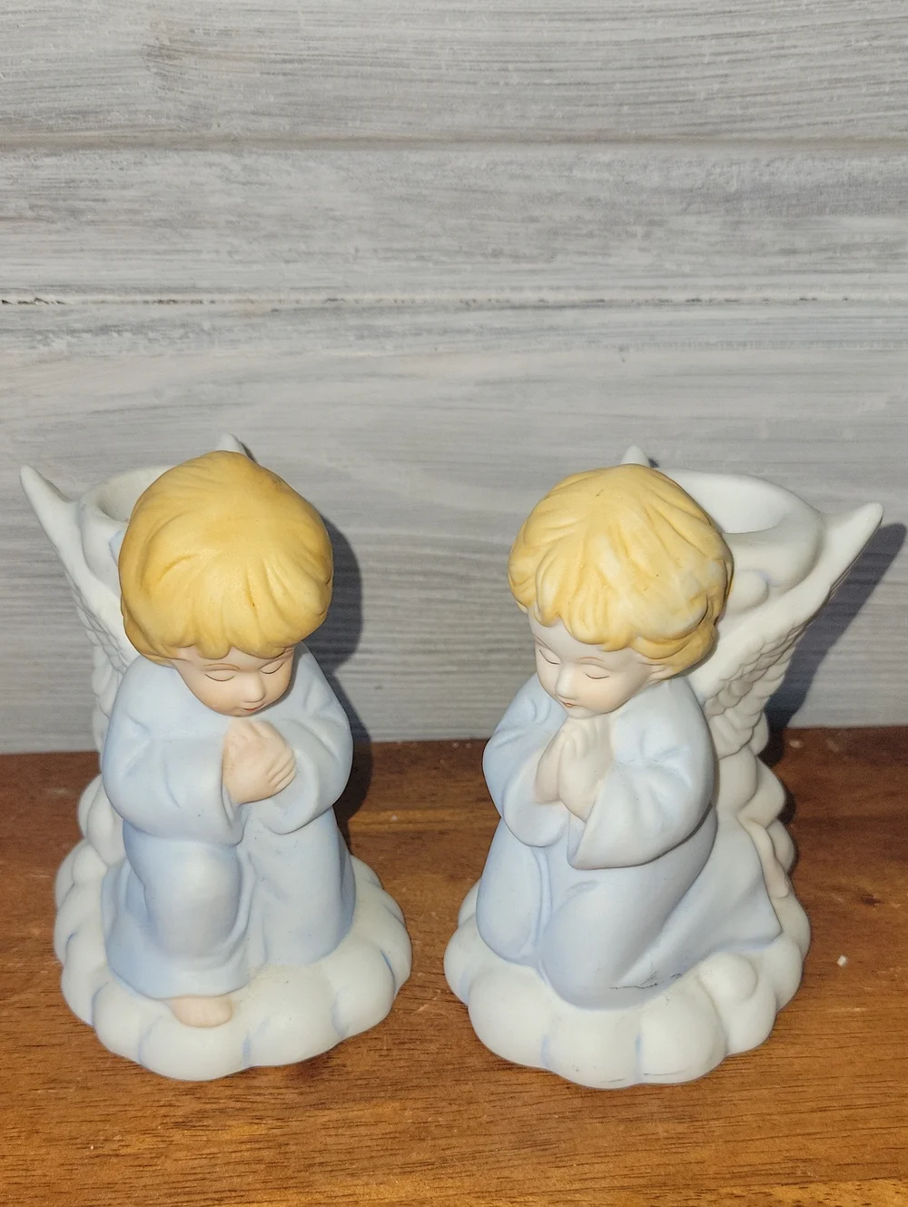 Porcelain Praying Angel Figurines Pair in Light Blue Candle Holders